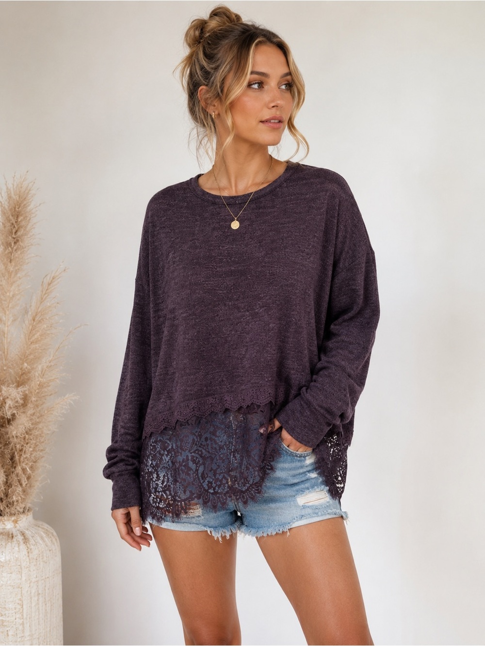 Eyeshadow Lace-Hem Pullover Top - Plum